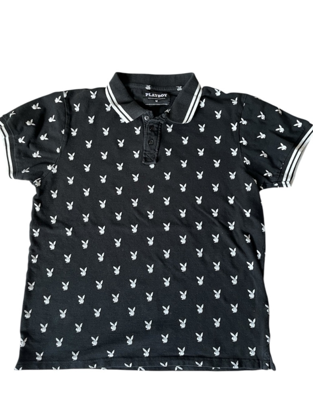 PLAYBOY Black All-Over Logo Polo Shirt White Tipped Trim Size M Unisex